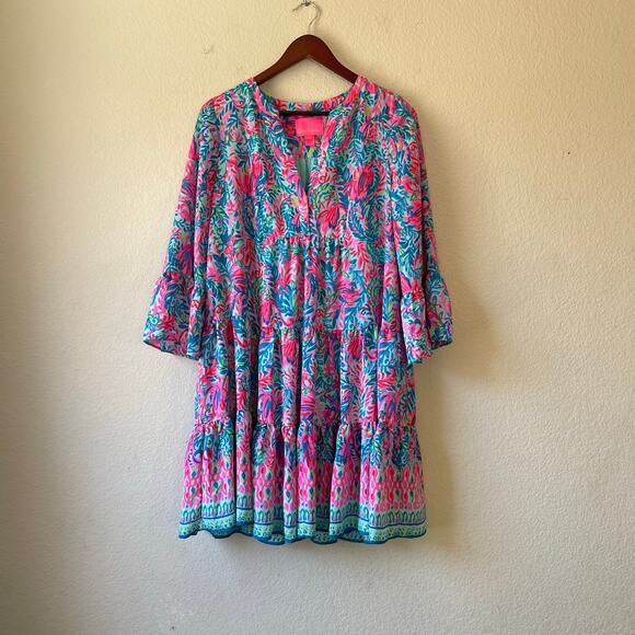 Lilly Pulitzer Gabriel Dress Surf‎ Blue Flim Flamingo Print Flare Sleeve Size 12 - Picture 1 of 10